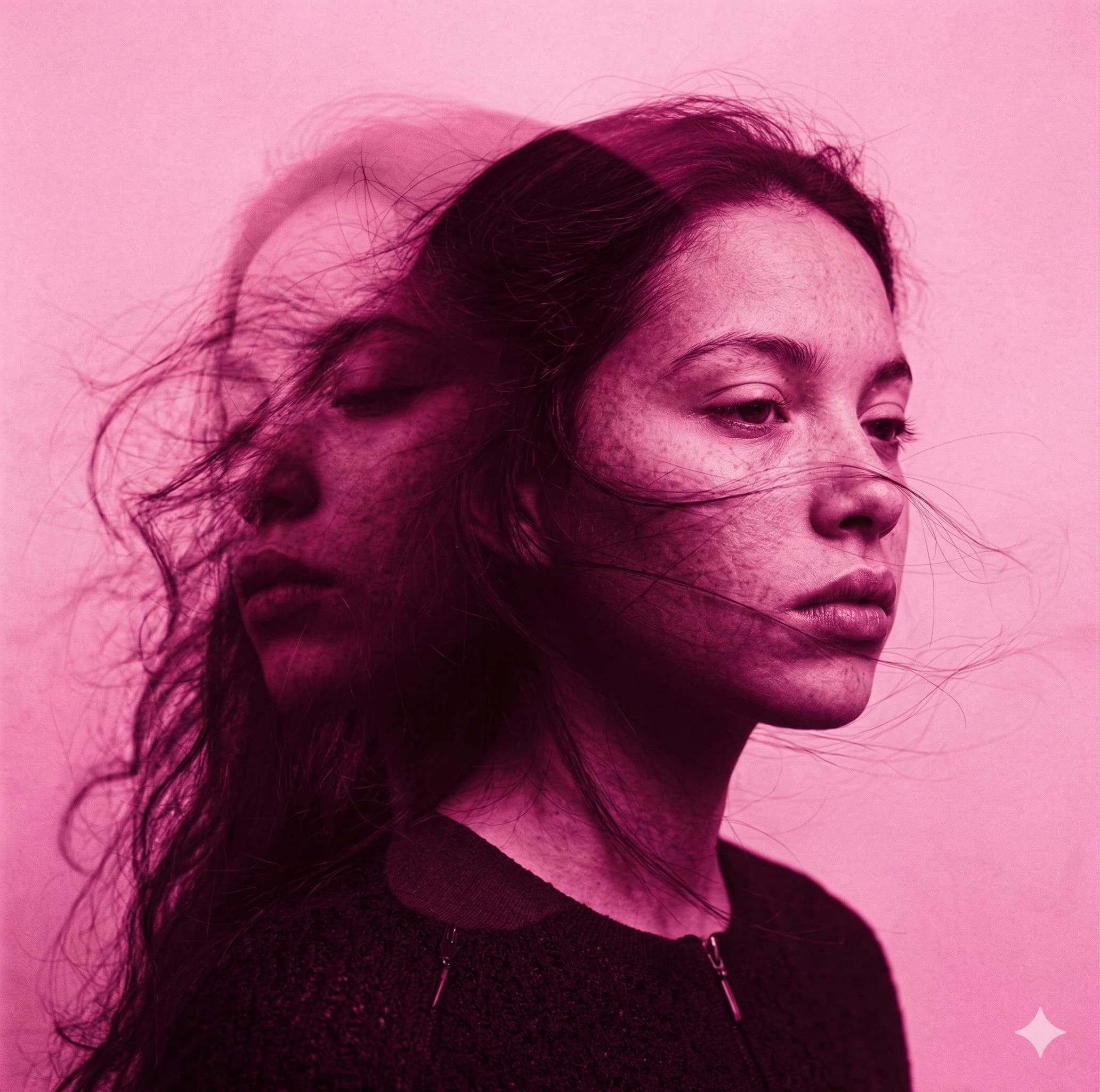 Double-exposure portrait of a woman with overlapping profiles in soft pink tones — visual cue for the cognitive and emotional Mental pillar
