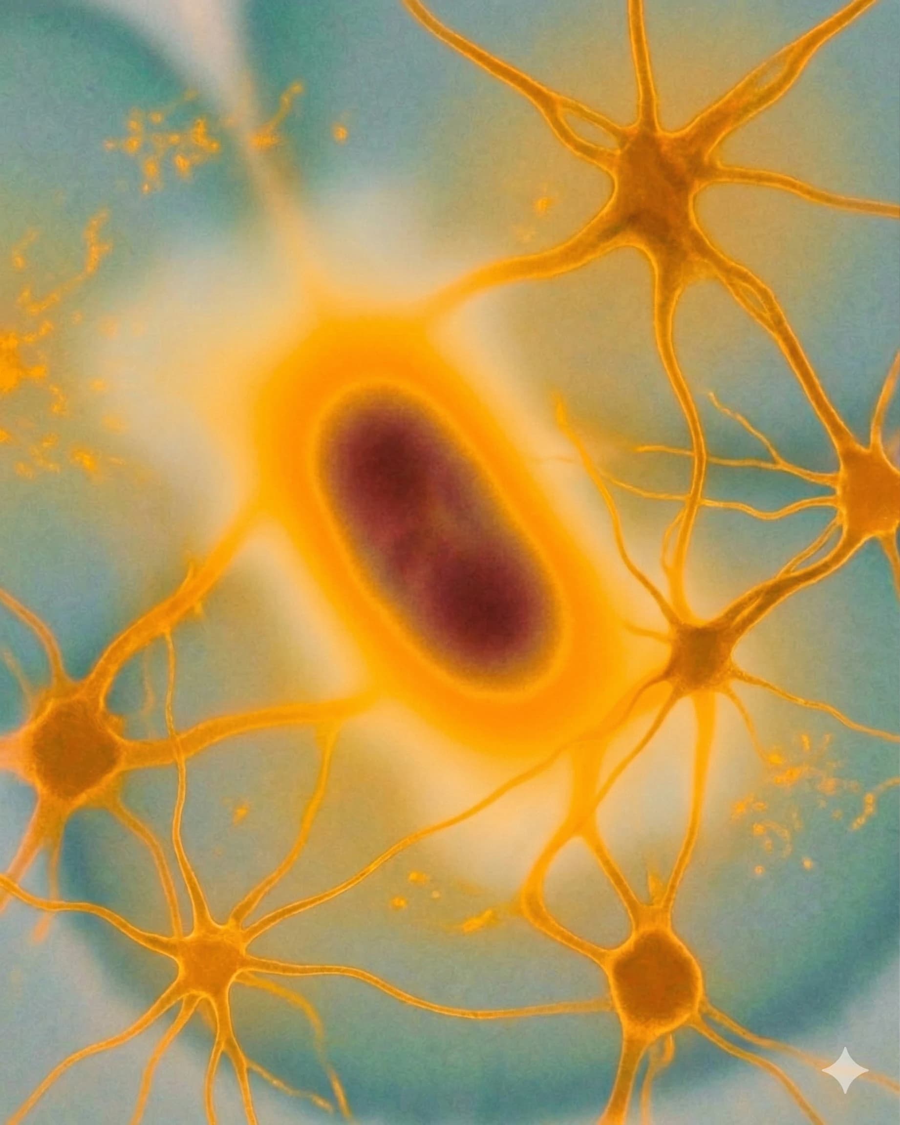 Stylised micro-photograph of glowing neuron-like cellular structures in amber tones — visual cue for the Nutrition and Metabolism pillar