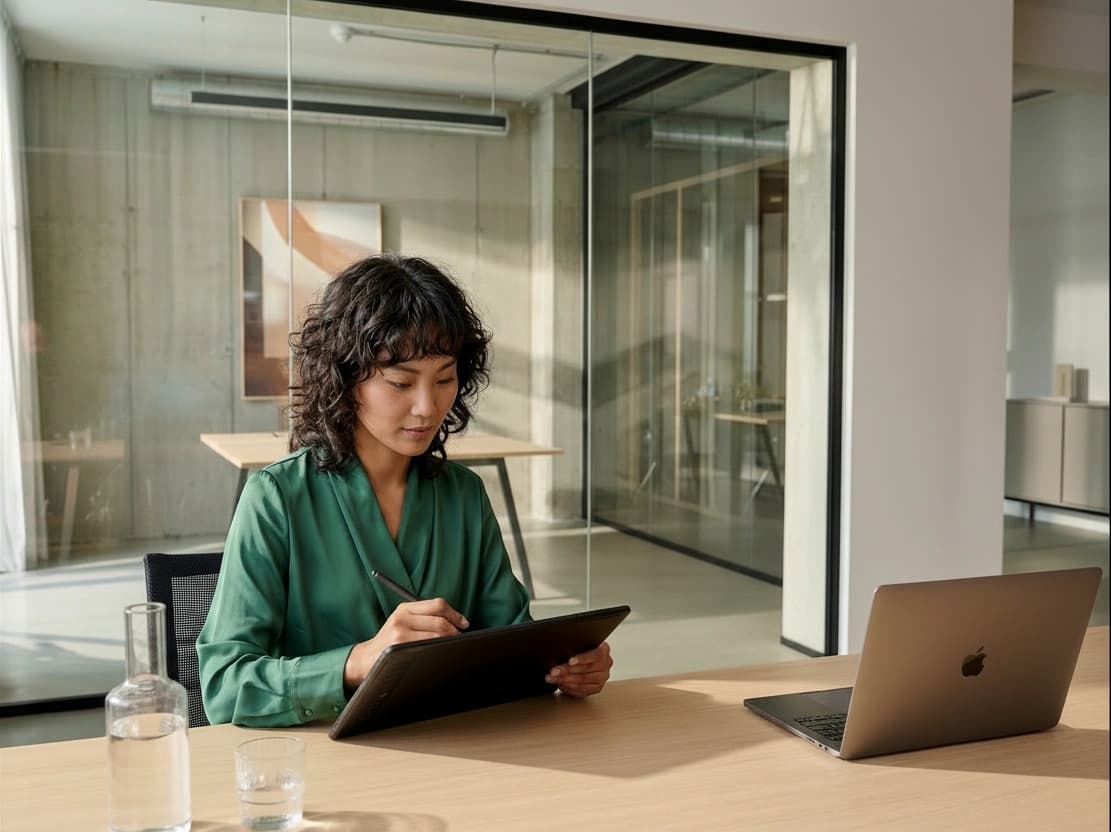 Employee reviewing health data on a tablet in a modern office