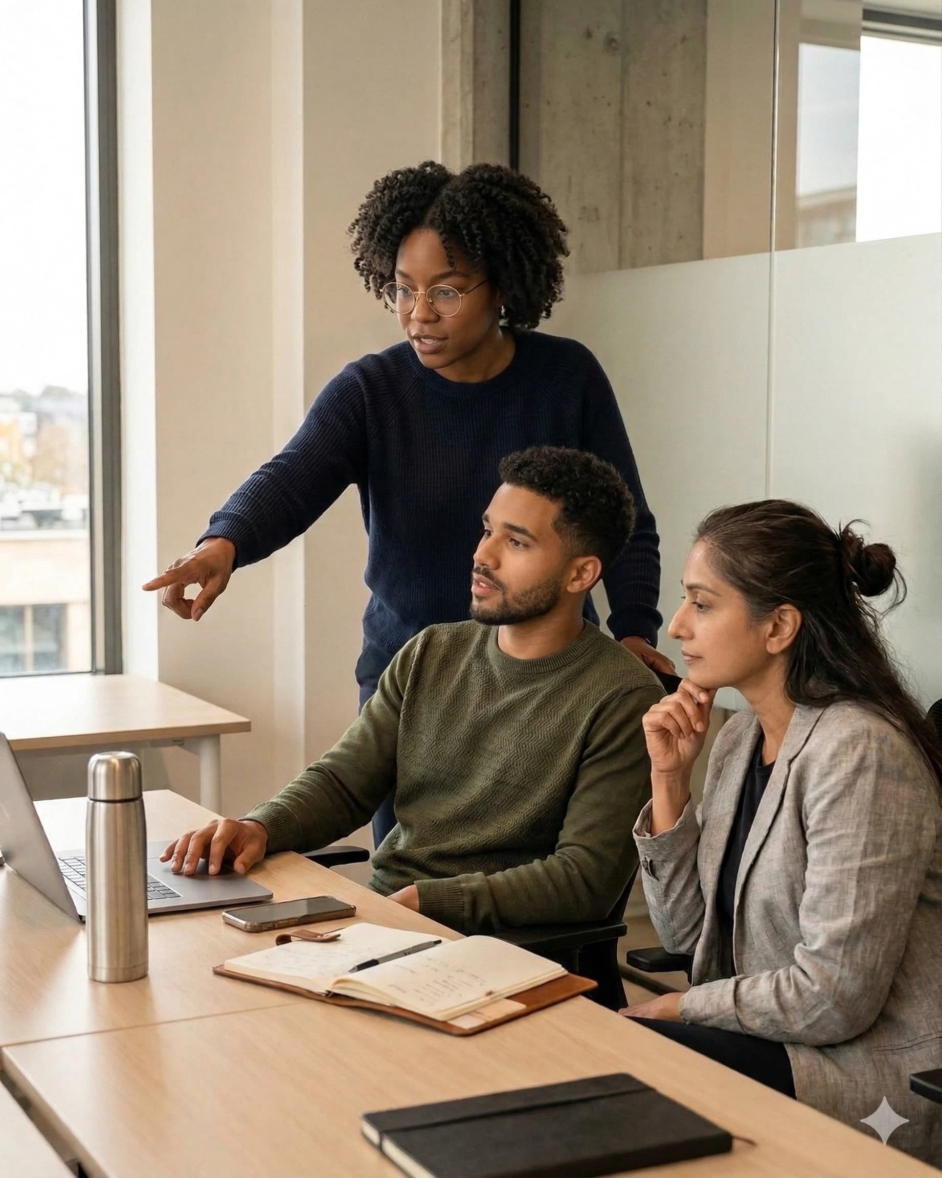 Team collaborating around a table in a workplace meeting
