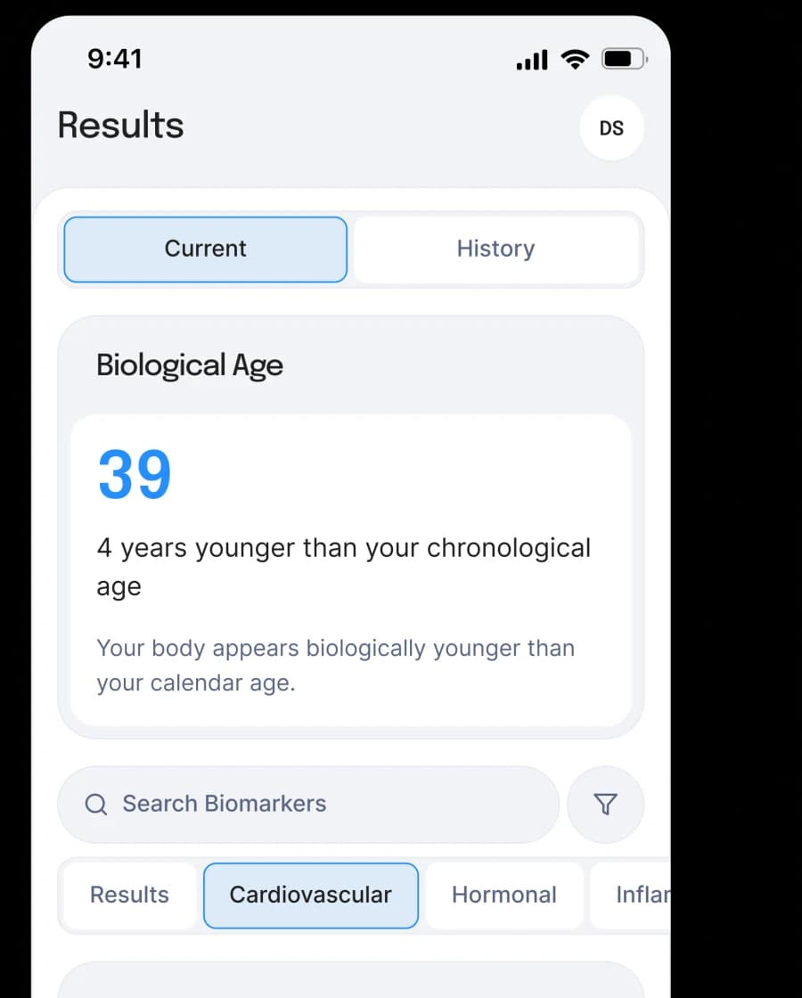 nuAura app results screen showing a biological age of 39, four years younger than chronological age